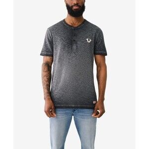 True Religion Men's Overdye Henley Cotton Short Sleeve T-Shirt, Jet Black, M
